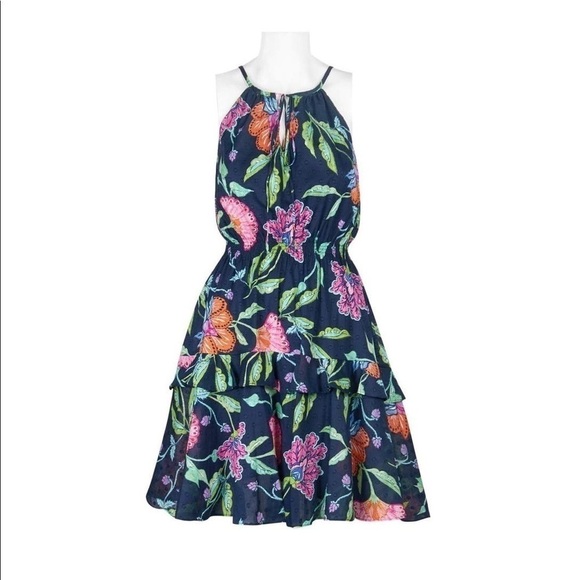 Taylor NWT Navy Floral Print Keyhole Front Tiered Spring Summer Dress Si… - Picture 7 of 15
